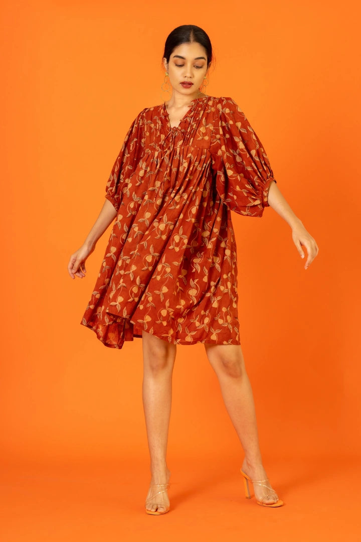 Ilamra hand block printed sustainably made naturally dyed madder red and beige relaxed dress