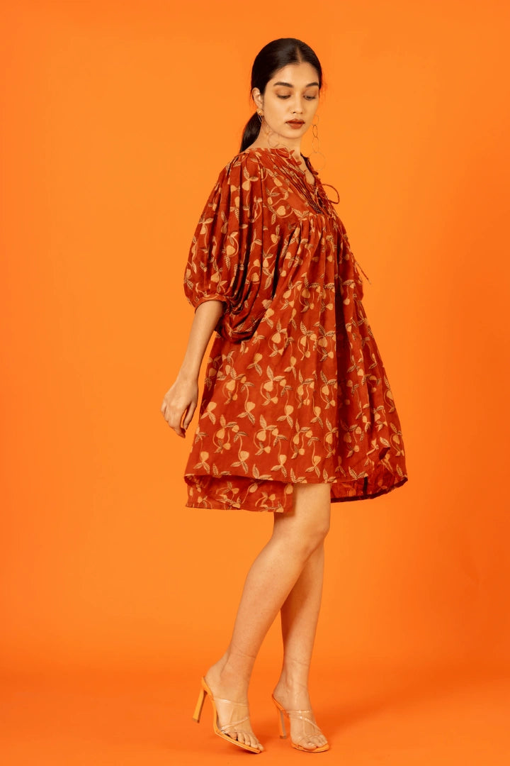 Ilamra hand block printed sustainably made naturally dyed madder red and beige relaxed dress