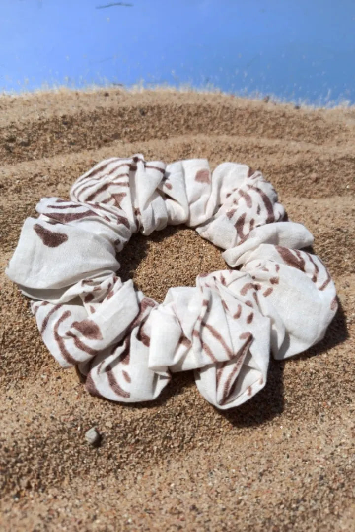Ilamra hand block printed organic cotton naturally dyed Off white and brown Upcycled Cotton mini scrunchie