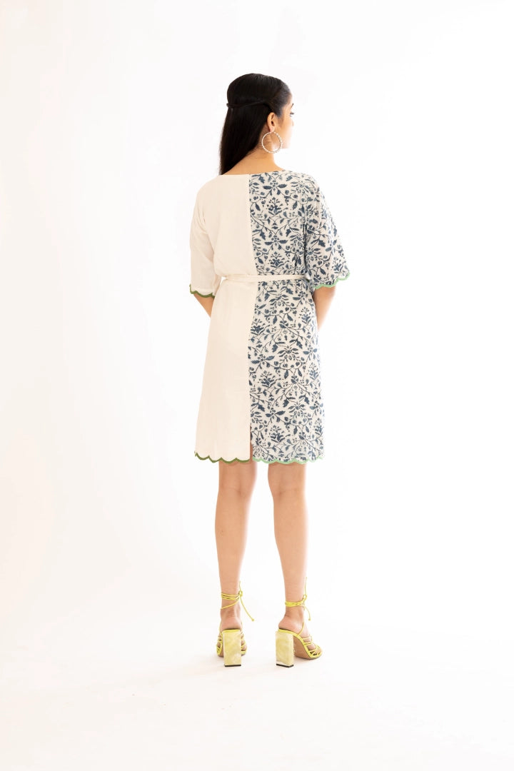 Ilamra hand block printed sustainably made naturally dyed Indigo and off-white wrap dress