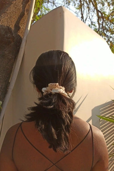 Ilamra hand block printed organic cotton naturally dyed Off white and brown Upcycled Cotton mini scrunchie