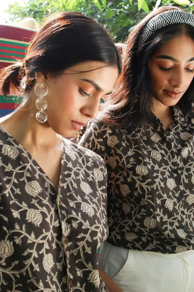 Ilamra kalamkari craft hand block printed organic cotton black and beige vest