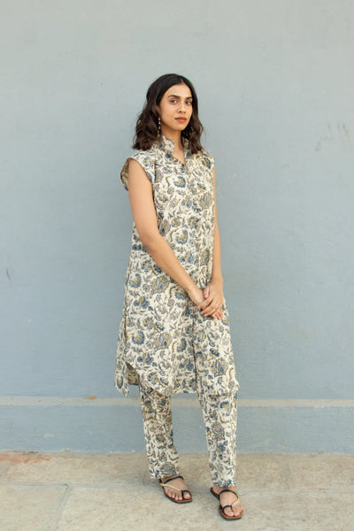 Ilamra kalamkari craft hand block printed organic cotton indigo, yellow and brown pants