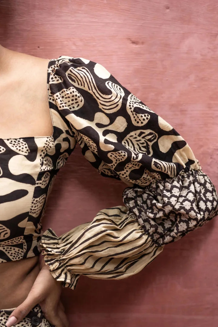 Ilamra kalamkari craft hand block printed organic cotton black and beige puffed blouse