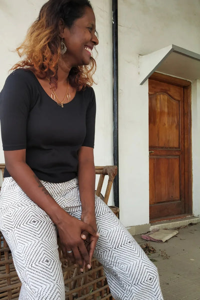 Ilamra hand block printed organic cotton naturally dyed ﻿Off-white and grey cool and quirky pants