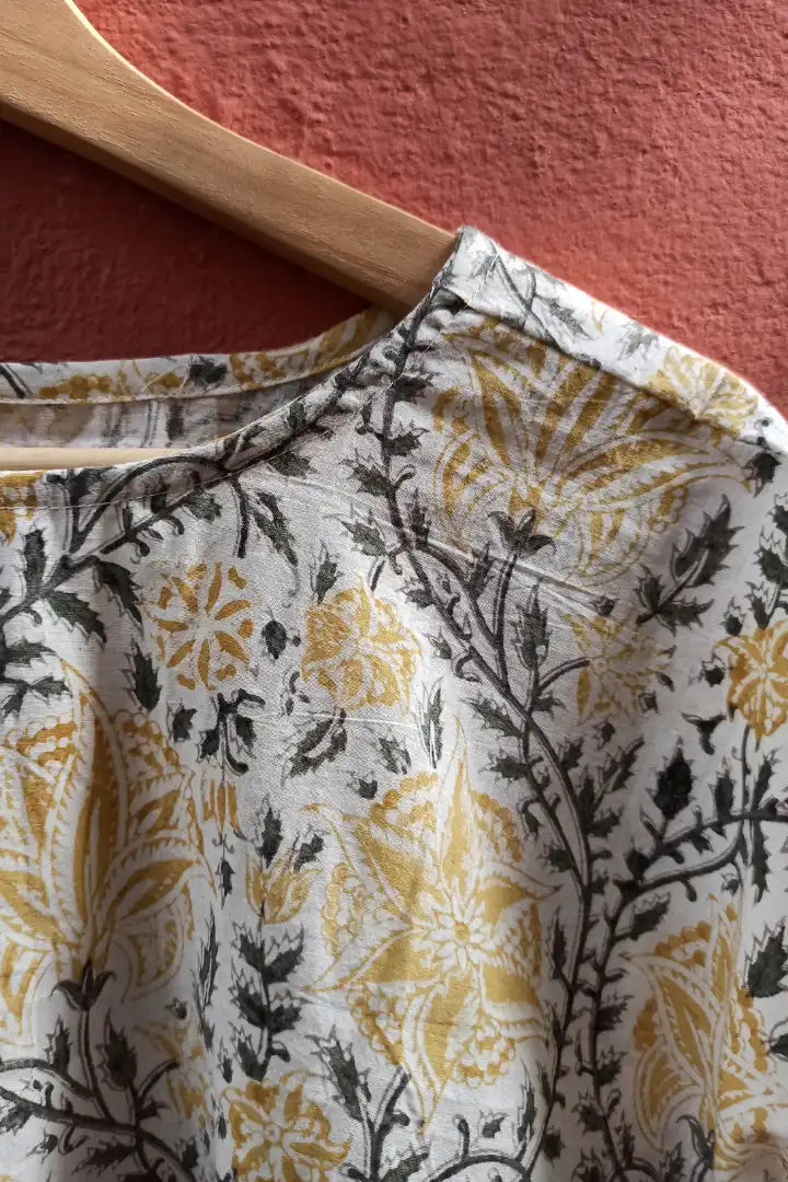 Ilamra sustainable clothing organic cotton Canary Yellow, Black and Off-white hand block printed tent top
