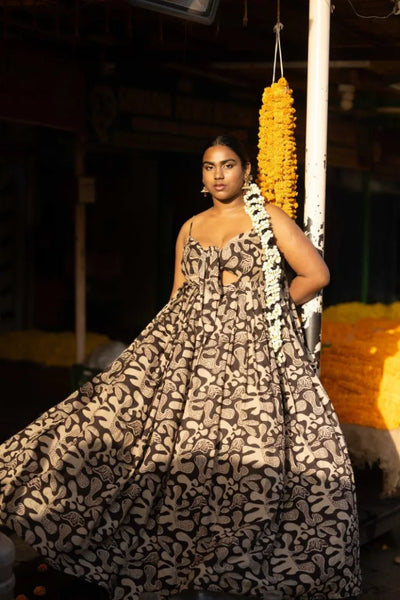 Ilamra hand block printed sustainably made naturally dyed black and beige flowy dress