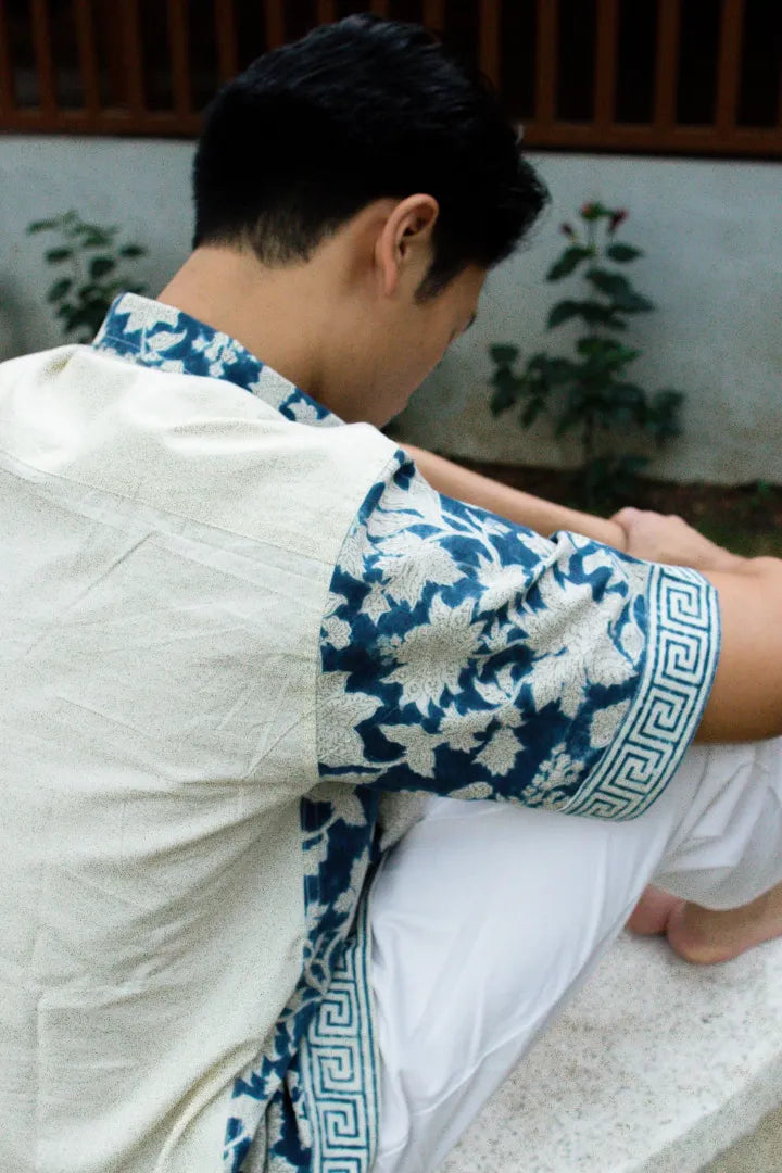 ilamra men's hand block printed naturally dyed organic cotton indigo and white shirt