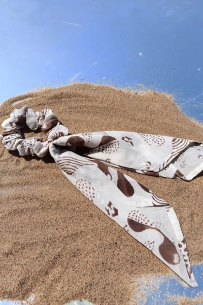 Ilamra hand block printed organic cotton naturally dyed Off white and brown Upcycled Cotton scrunchie
