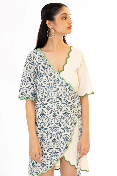 Ilamra hand block printed sustainably made naturally dyed Indigo and off-white wrap dress