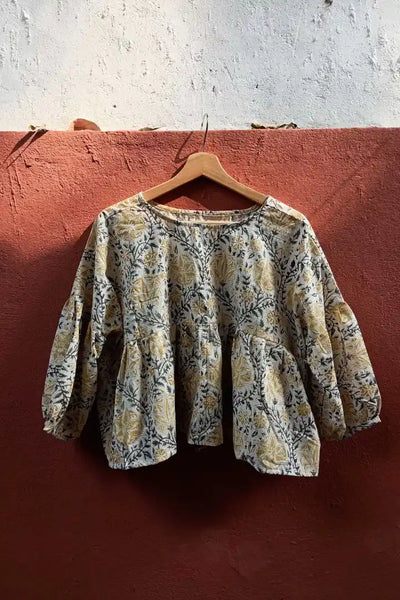 Ilamra sustainable clothing organic cotton Canary Yellow, Black and Off-white hand block printed tent top