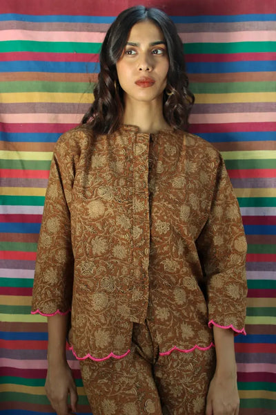 Ilamra kalamkari craft hand block printed organic cotton brown and beige pants