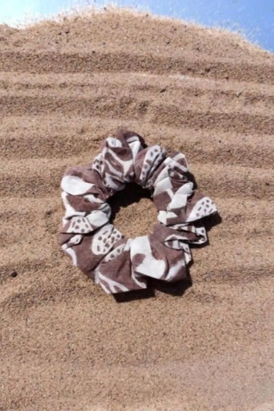 Ilamra hand block printed organic cotton naturally dyed Off white and brown Organic Cotton mini scrunchie