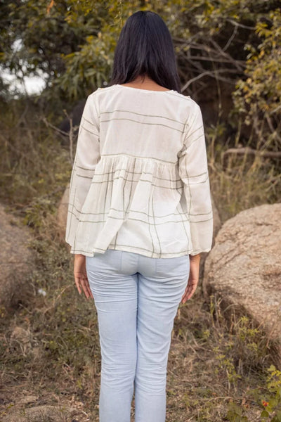 Ilamra kalamkari craft hand block printed organic cotton Off-white, mustard yellow and dark green breezy top