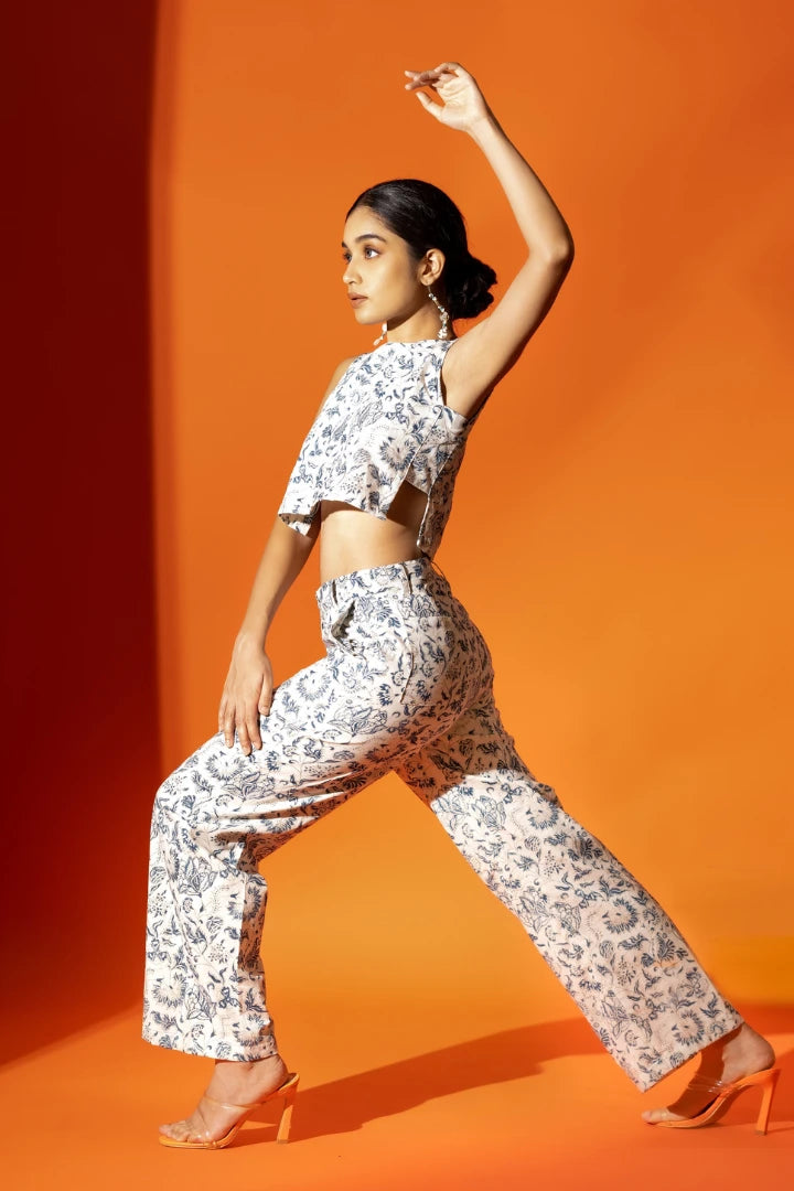 Ilamra hand block printed organic cotton naturally dyed Indigo and off-white cool crop top and pants set