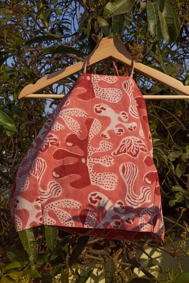 Ilamra sustainable clothing organic cotton Pink, off white and madder red hand block printed halterneck top
