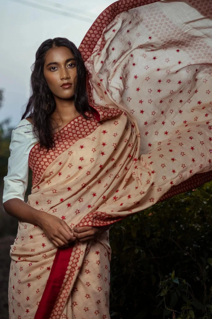 Ilamra kalamkari craft hand block printed organic cotton Indian madder red on a beige base saree