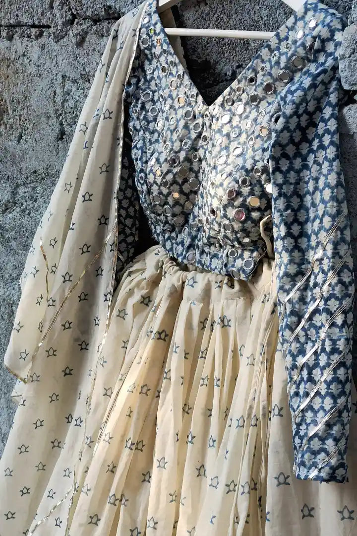 Ilamra sustainable clothing organic cotton off-white and indigo hand block printed blouse, dupatta and lehenga set
