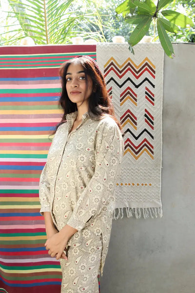 Ilamra hand block printed sustainably made naturally dyed off white and grey pants
