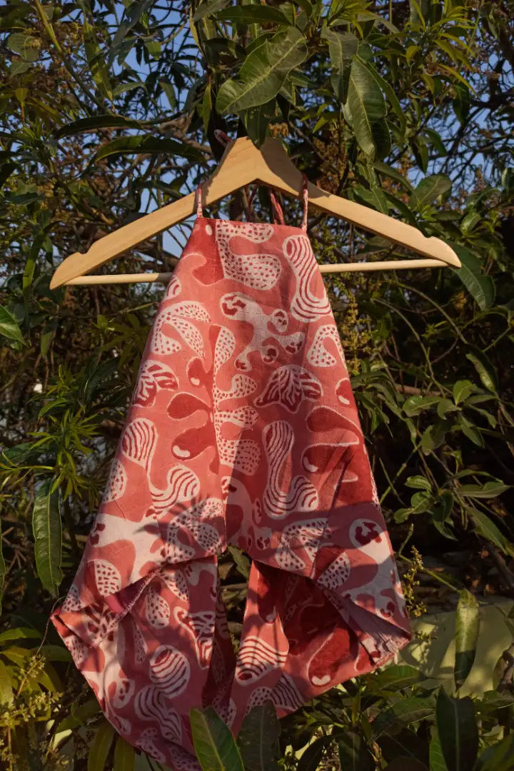 Ilamra sustainable clothing organic cotton Pink, off white and madder red hand block printed halterneck top