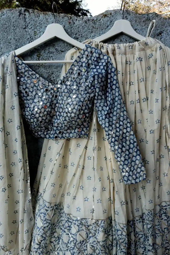 Ilamra sustainable clothing organic cotton off-white and indigo hand block printed blouse, dupatta and lehenga set