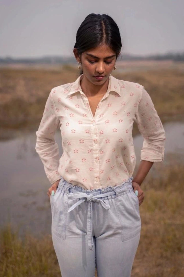 Ilamra kalamkari craft hand block printed organic cotton Off-white and blush pink turtle print shirt with foldable cuff sleeves