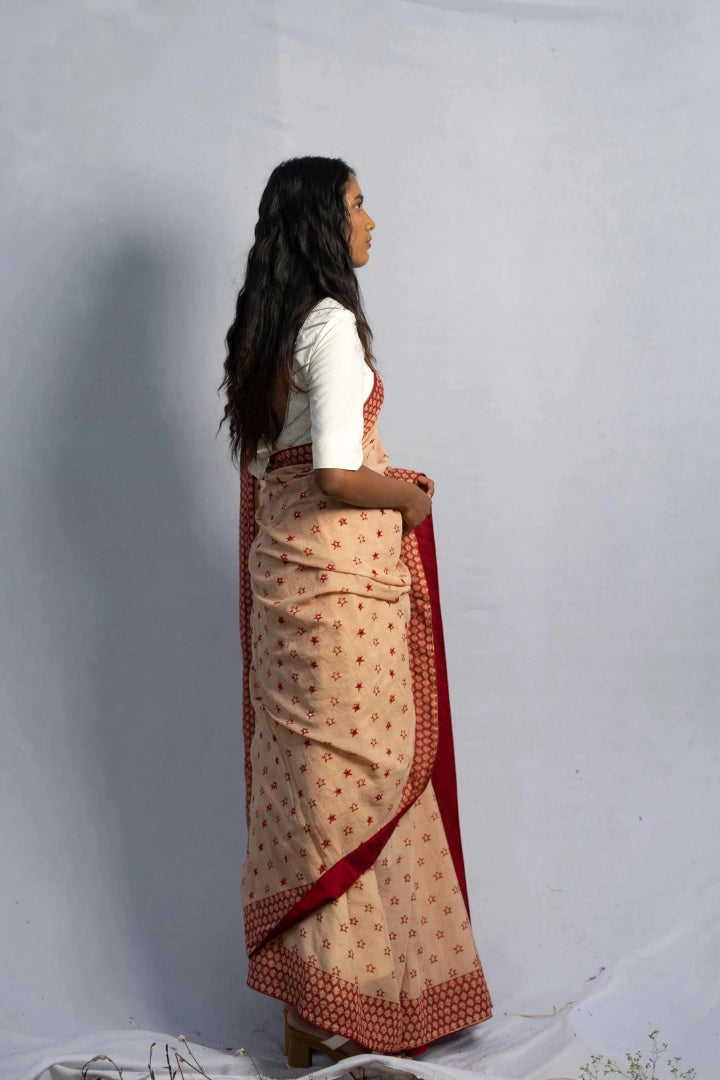 Ilamra kalamkari craft hand block printed organic cotton Indian madder red on a beige base saree