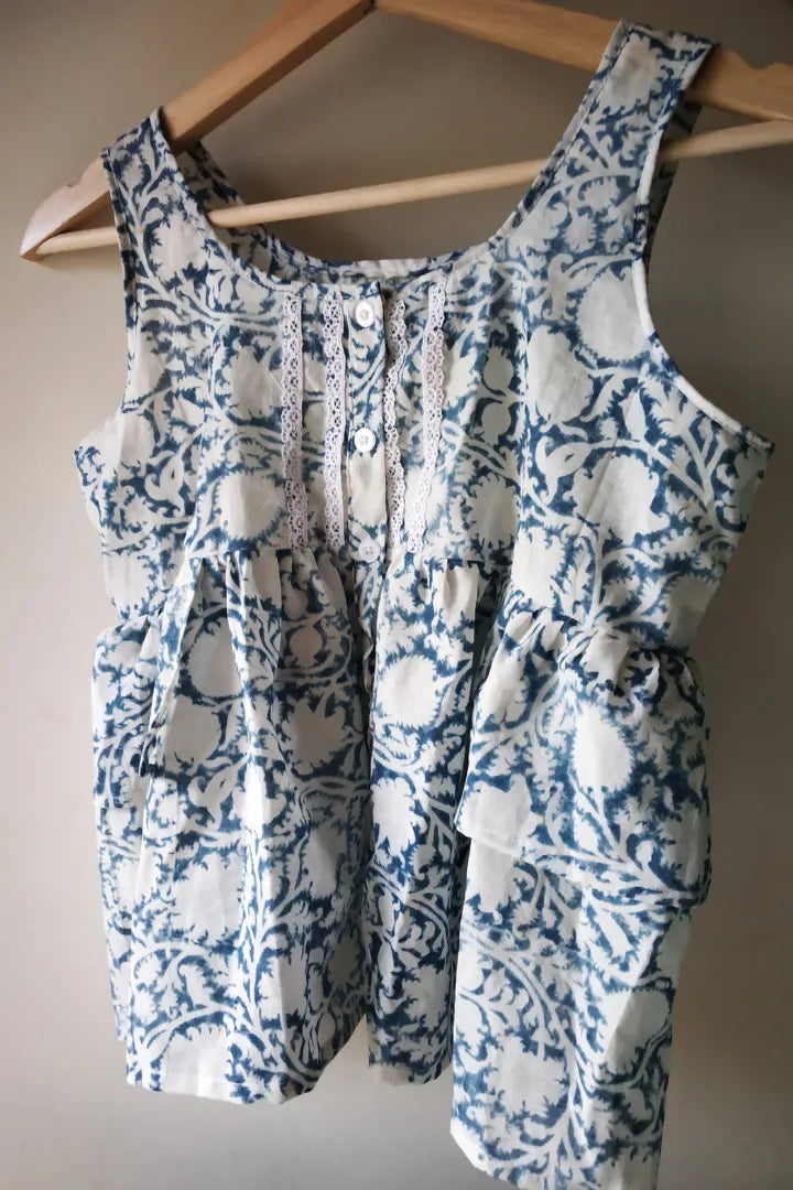 Ilamra sustainable clothing organic cotton Indigo, off-white, hints of fresh green and madder red hand block printed frilly top