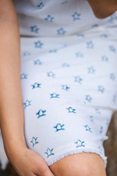 Ilamra hand block printed organic cotton naturally dyed Indigo and Off-white turtle print slip dress