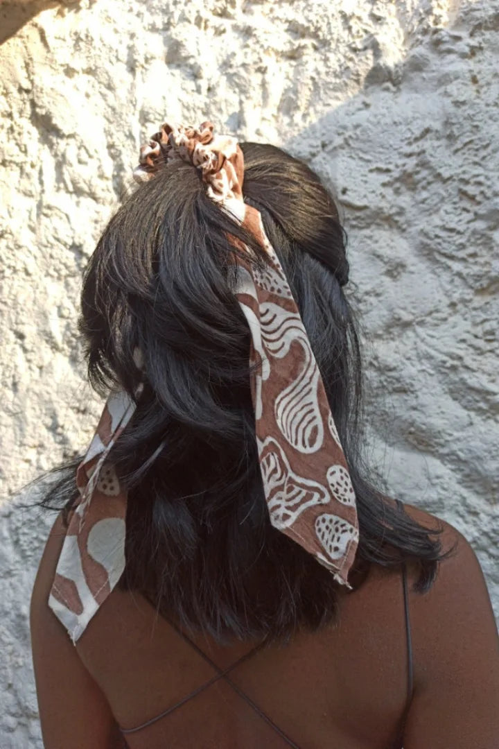 Ilamra hand block printed organic cotton naturally dyed Off white and brown Organic Cotton scrunchie