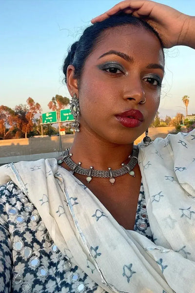 Ilamra sustainable clothing organic cotton off-white and indigo hand block printed blouse, dupatta and lehenga set