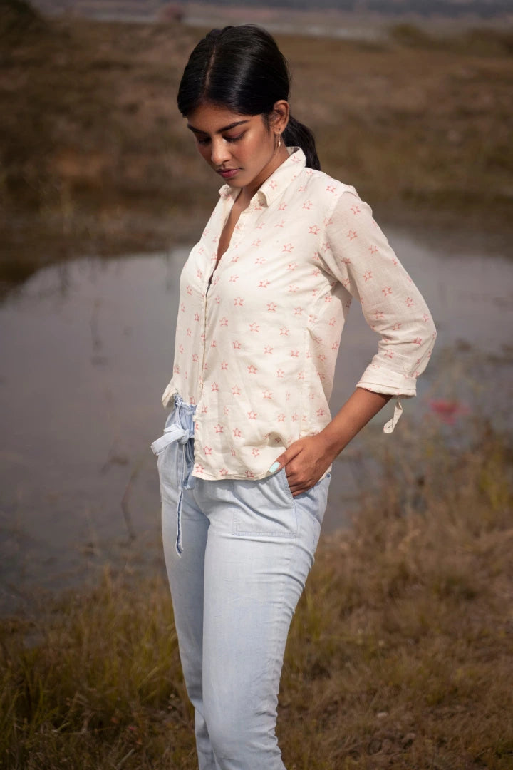 Ilamra kalamkari craft hand block printed organic cotton Off-white and blush pink turtle print shirt with foldable cuff sleeves