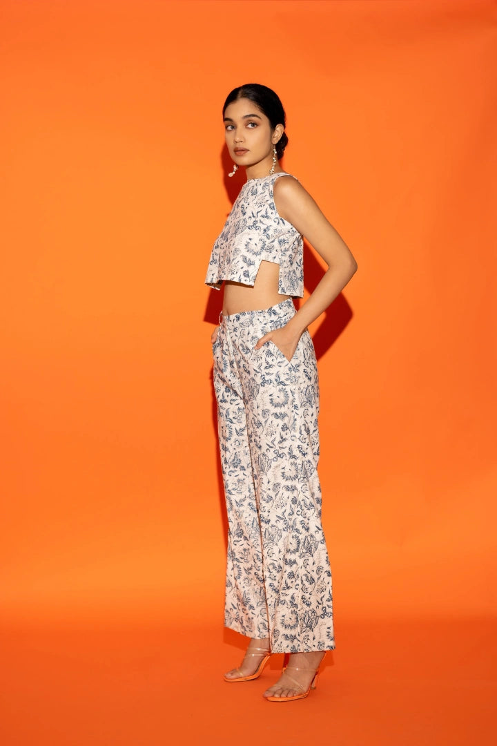 Ilamra hand block printed organic cotton naturally dyed Indigo and off-white cool crop top and pants set