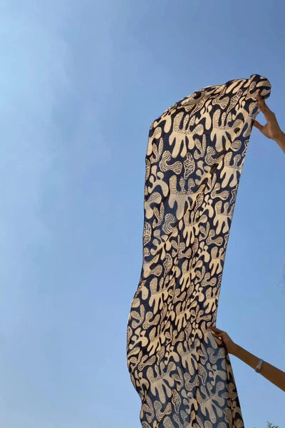Ilamra hand block printed Kalamkari art organic cotton naturally dyed in Off-white, black and beige, upcycled cotton scarf