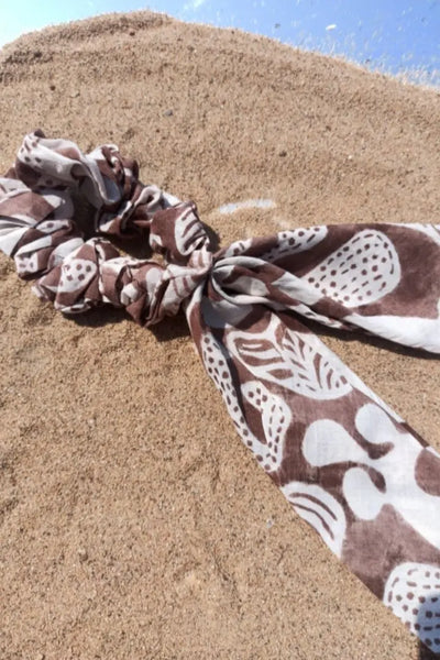 Ilamra hand block printed organic cotton naturally dyed Off white and brown Organic Cotton scrunchie
