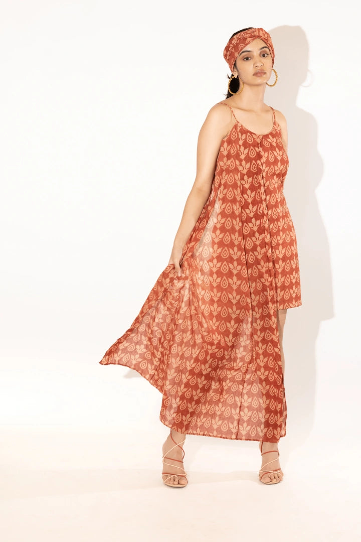 Ilamra hand block printed organic cotton naturally dyed Madder red and beige hybrid dress