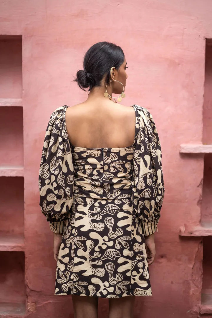 Ilamra kalamkari craft hand block printed organic cotton black and beige dress