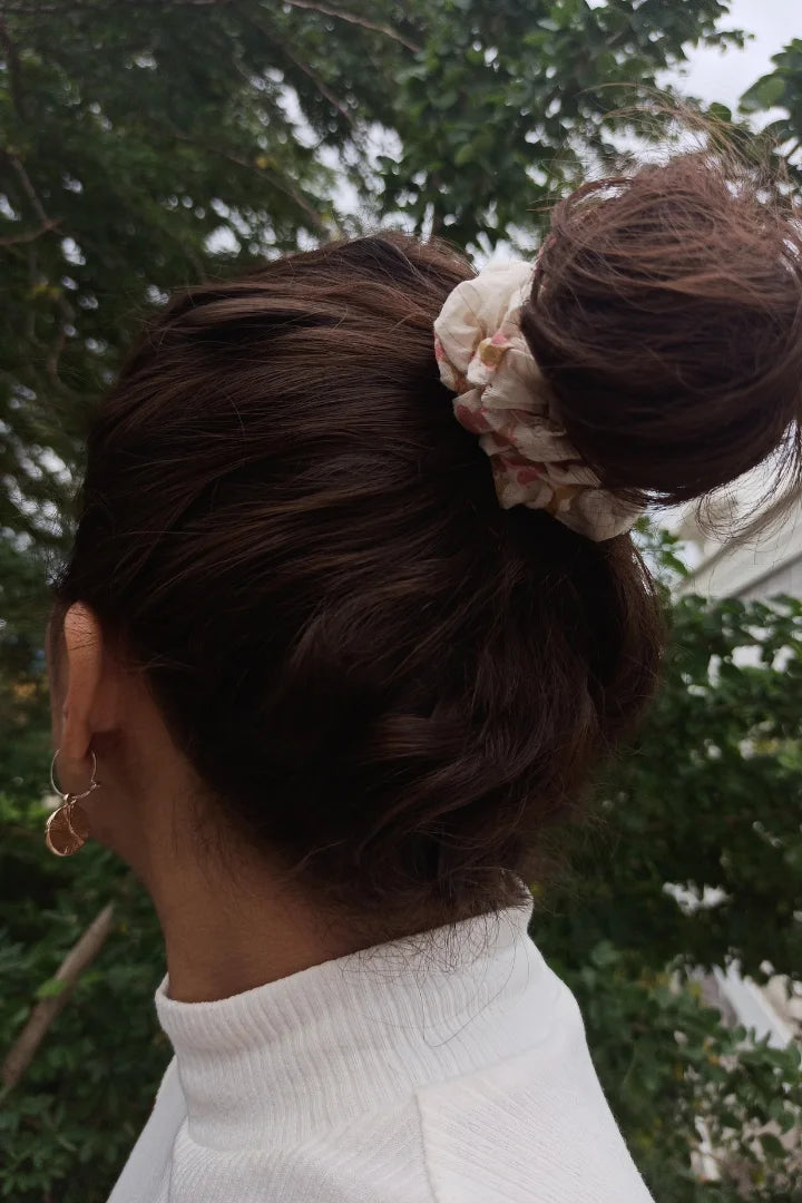 Ilamra hand block printed sustainably made naturally dyed Off-white, blush pink and light green scrunchie