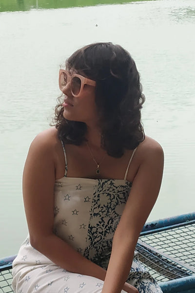 Ilamra sustainable clothing organic cotton Indigo and Off-white hand block printed half and half elegant dress