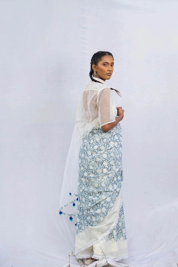 Ilamra kalamkari craft hand block printed organic cotton Indigo dye and white organza saree