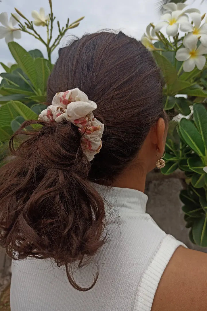 Ilamra hand block printed sustainably made naturally dyed Off-white, blush pink and light green scrunchie