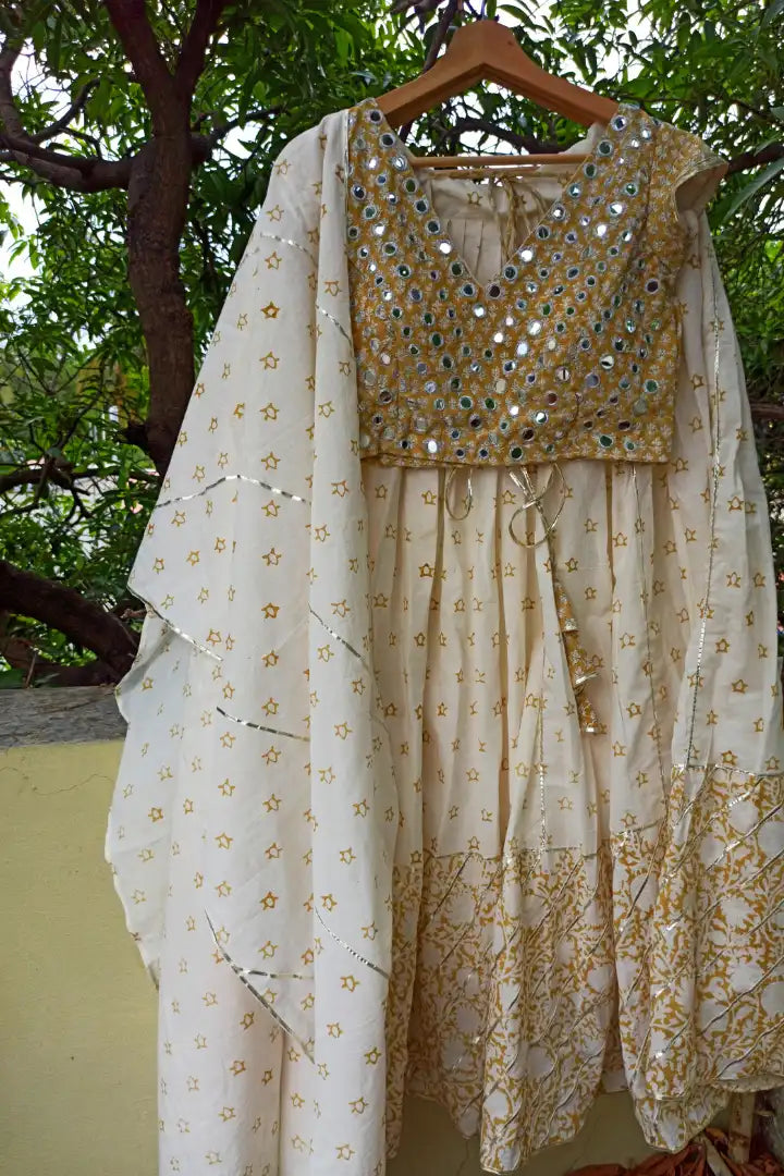 Ilamra sustainable clothing organic cotton  Off-white, Warm yellow hand block printed blouse, dupatta and lehenga set