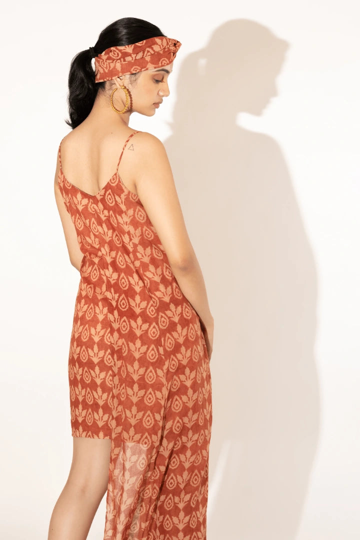 Ilamra hand block printed organic cotton naturally dyed Madder red and beige hybrid dress