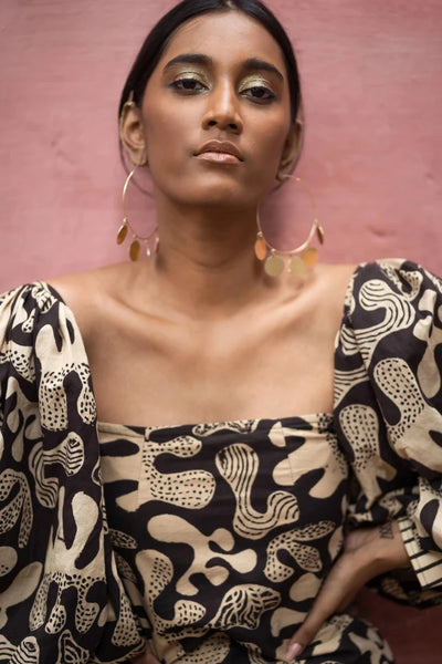 Ilamra kalamkari craft hand block printed organic cotton black and beige dress