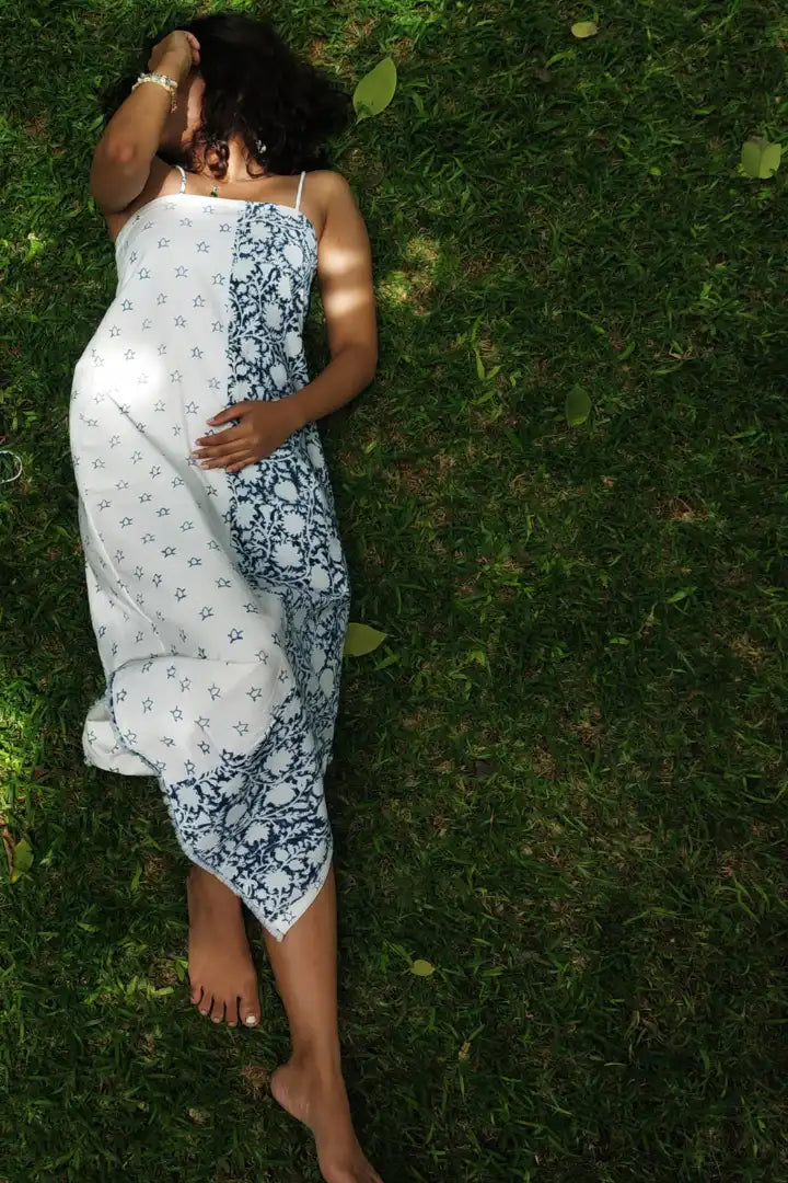 Ilamra sustainable clothing organic cotton Indigo and Off-white hand block printed half and half elegant dress