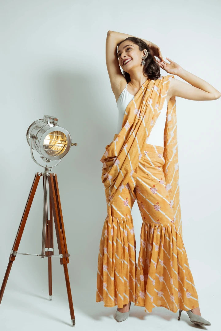 Ilamra hand block printed sustainably made naturally dyed Orange, Madder Red, and Off-White saree pants