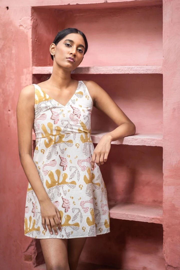 Ilamra sustainable clothing organic cotton off-white and yellow with hints of pink and brown hand block printed dress