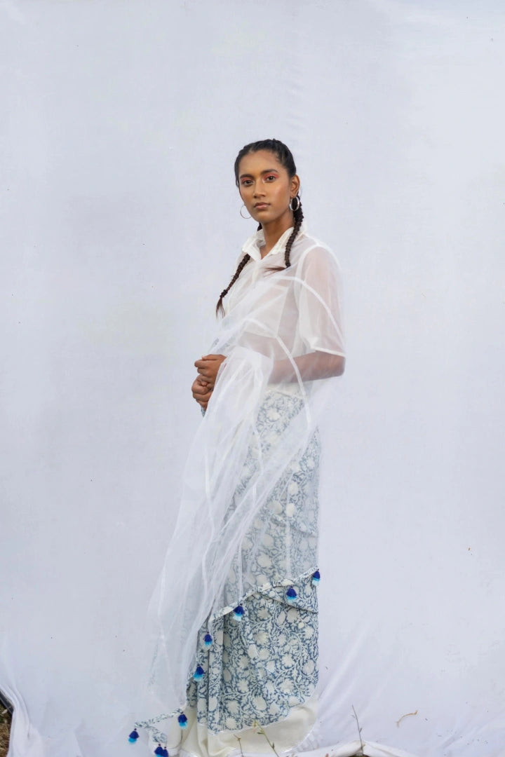 Ilamra kalamkari craft hand block printed organic cotton Indigo dye and white organza saree