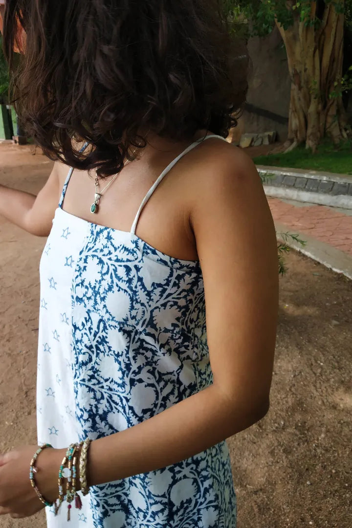 Ilamra sustainable clothing organic cotton Indigo and Off-white hand block printed half and half elegant dress