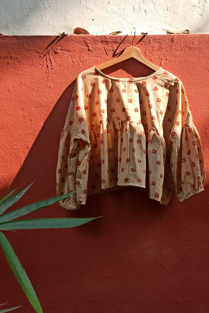 Ilamra sustainable clothing organic cotton beige and red hand block printed tent top